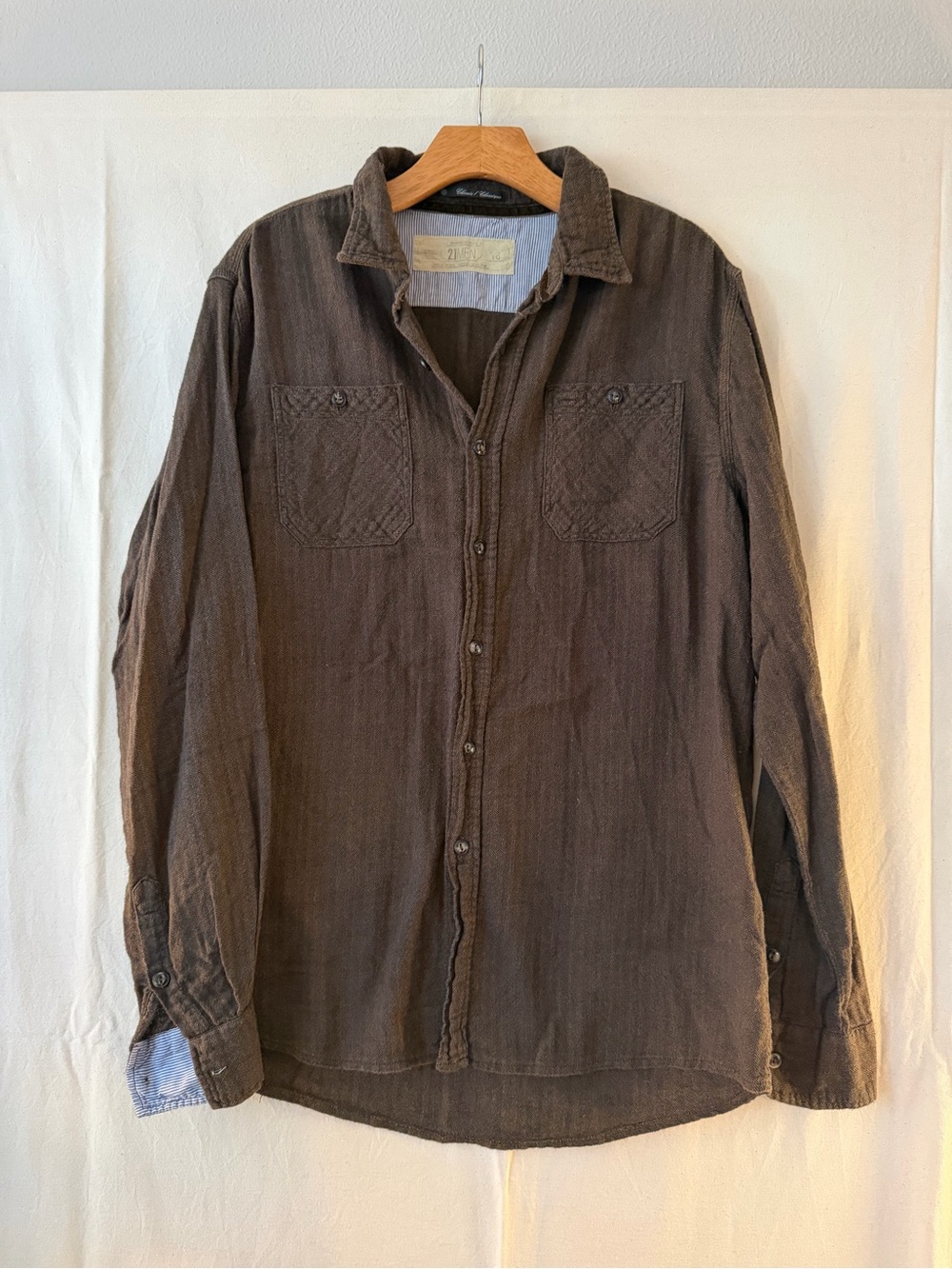 21MEN Casual Brown Button-Down Long Sleeve Shirt Soft Herringbone Textile